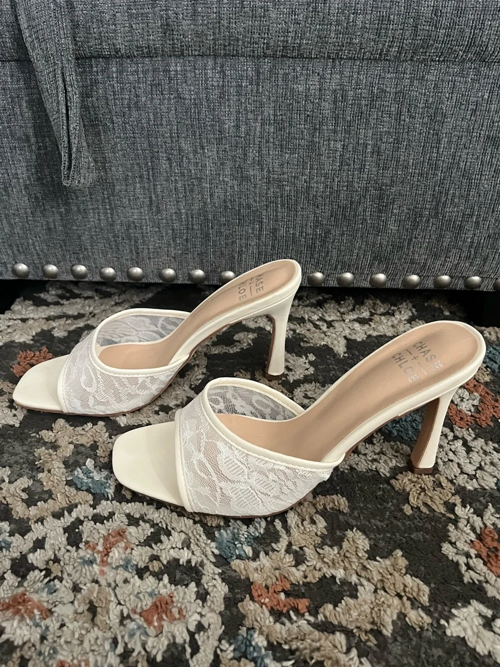 Elegant White Lace Open-Toe High Heel Mules